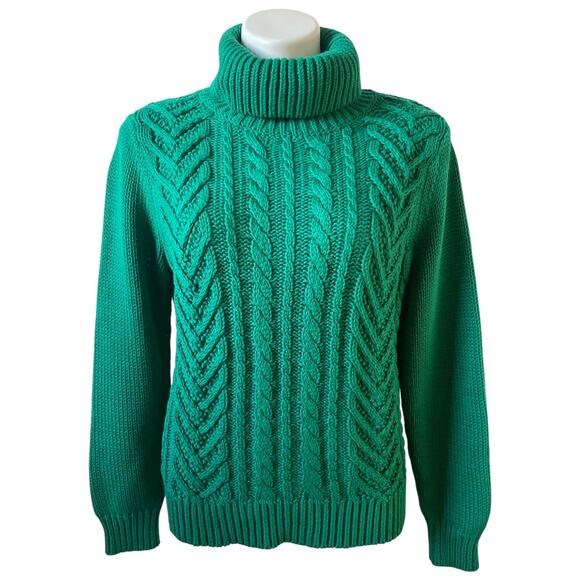 Lands End Drifter Women’s Turtleneck Cable Knit Sweater Green Med - Picture 1 of 9